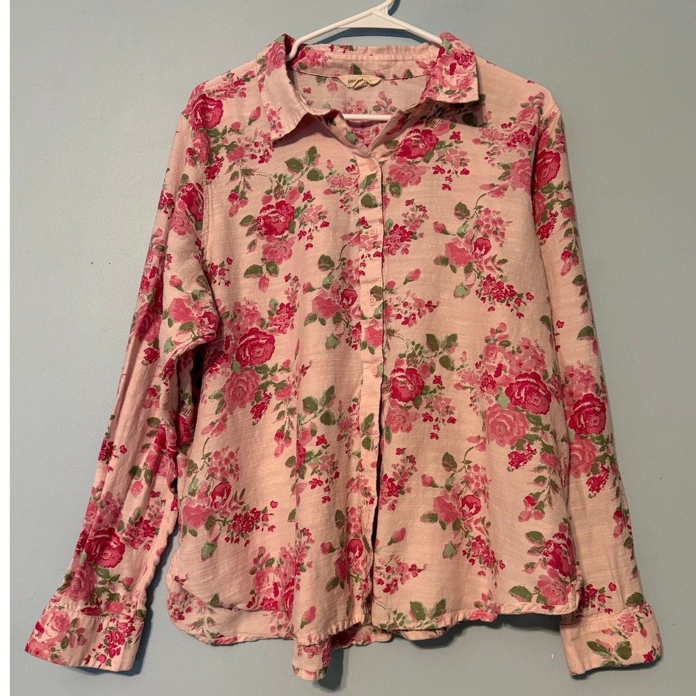 Lucky Brand Size XL Pink Floral Rose Button Down Long Sleeve Shirt Cotton 2124